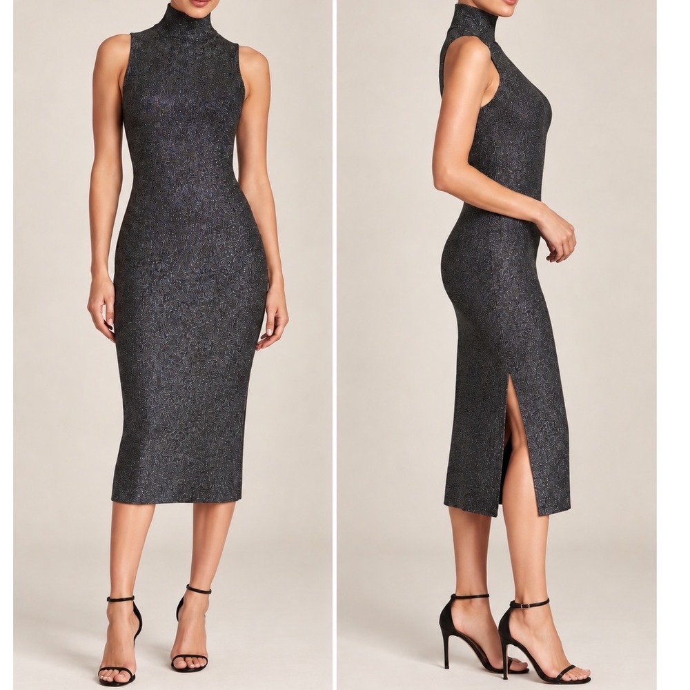 House of Harlow 1960 Black Silver Metallic Lurex Mock Neck Midi Dress S NEW